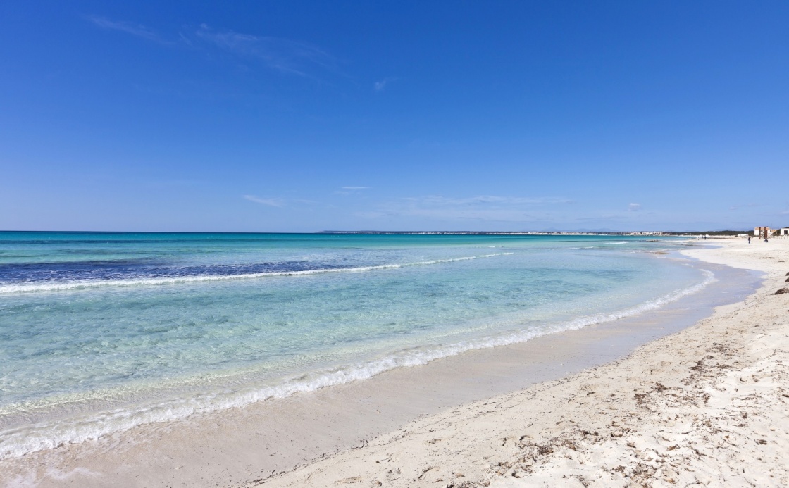 Beach of des Trenc at the island of Majorca in the Mediterranean Sea. Majorca is the largest island in the Balearic Islands archipelago in Spain.